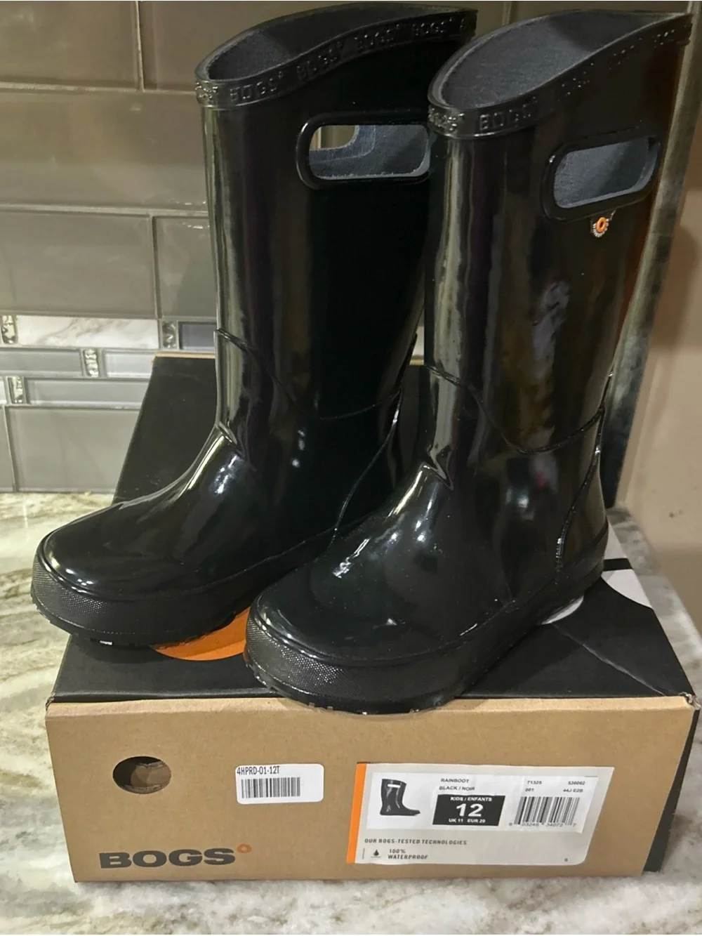 Bogs Rain Boots Unisex Kids Sz 12 Black Outdoor Waterproof Shoes New Box